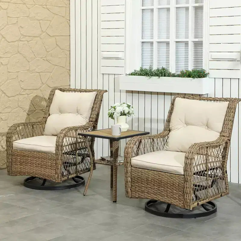 Ensemble bistro 3 pièces d'extérieur, petit salon de jardin en osier avec fauteuils pivotants à bascule pour balcon, porche