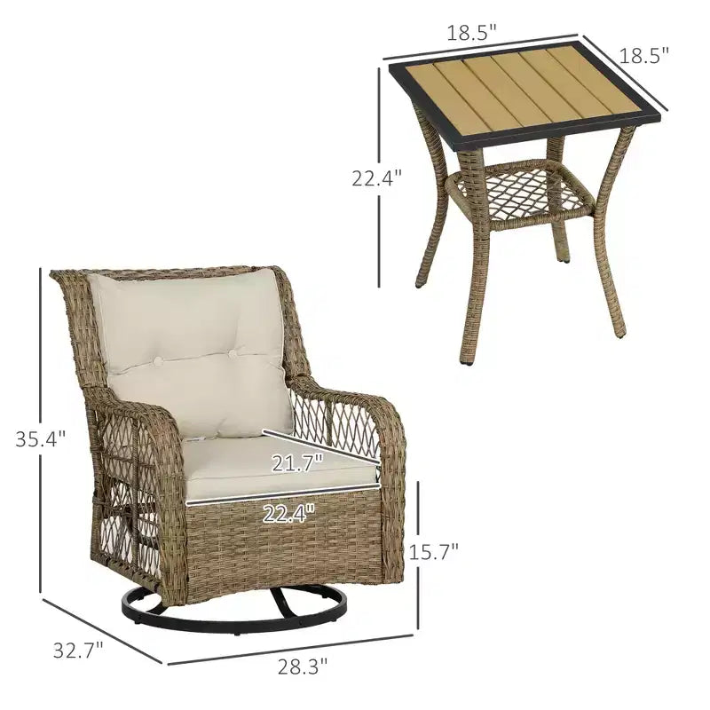Ensemble bistro 3 pièces d'extérieur, petit salon de jardin en osier avec fauteuils pivotants à bascule pour balcon, porche