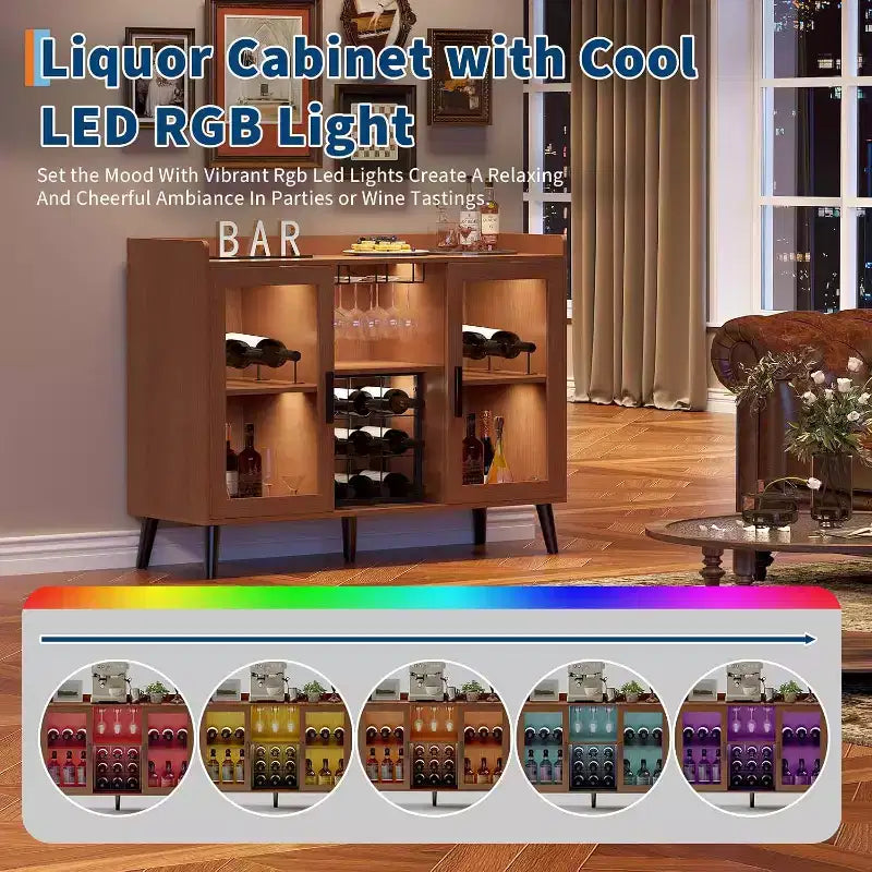 Meuble de Bar à Café et Vin 47 avec Porte Vitrée, Buffet en Bois à 4 Niveaux pour Salon et Cuisine