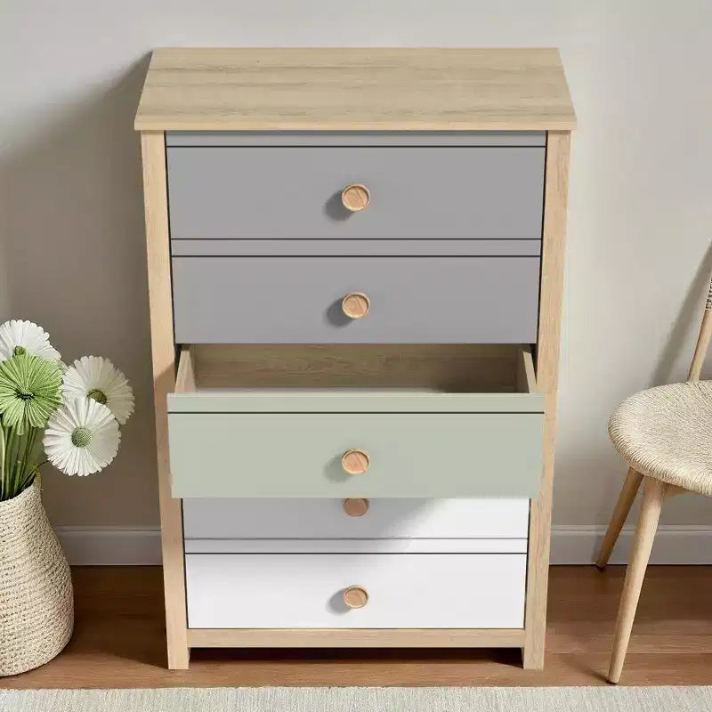 Commode Galano à 5 tiroirs avec façades de couleur mélangée en Chêne Oslo 78 cm (L) x 40 cm (P) x 117 cm (H)