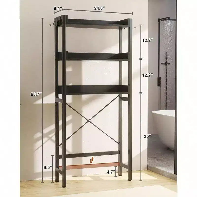 Étagère de rangement au-dessus des toilettes à 3 niveaux, organisateur de salle de bain, étagère autoportante peu encombrante avec 4 crochets noirs