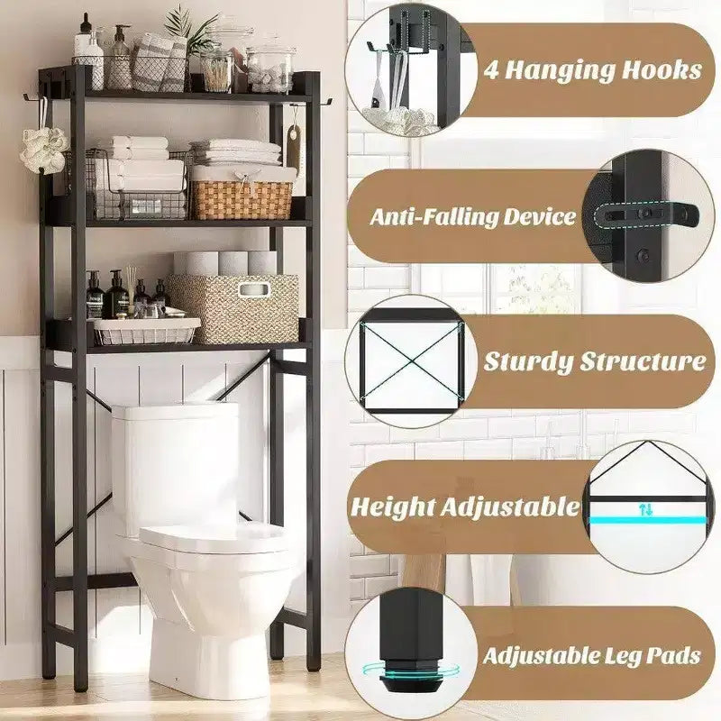 Étagère de rangement au-dessus des toilettes à 3 niveaux, organisateur de salle de bain, étagère autoportante peu encombrante avec 4 crochets noirs