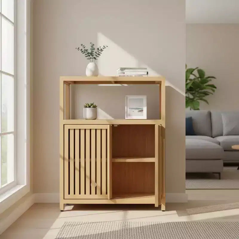 Homy Casa Meuble de Rangement en Bambou Grande Capacité avec Deux Portes et Étagère Ouverte
