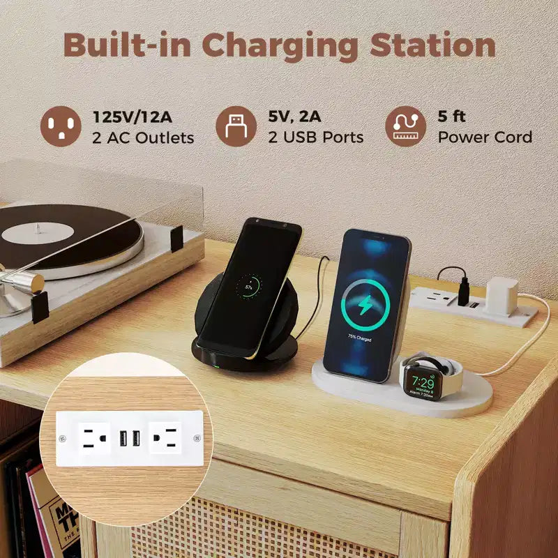 Meuble de rangement pour tourne-disque Costway avec station de charge et placard en rotin à étagère réglable