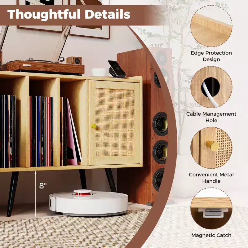 Meuble de rangement pour tourne-disque Costway avec station de charge et placard en rotin à étagère réglable