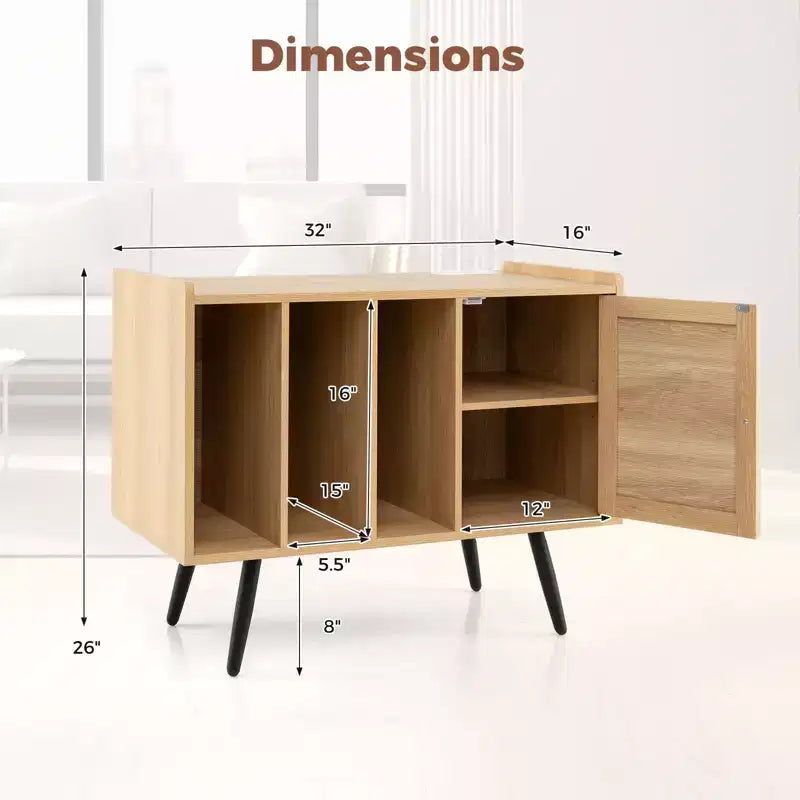 Meuble de rangement pour tourne-disque Costway avec station de charge et placard en rotin à étagère réglable
