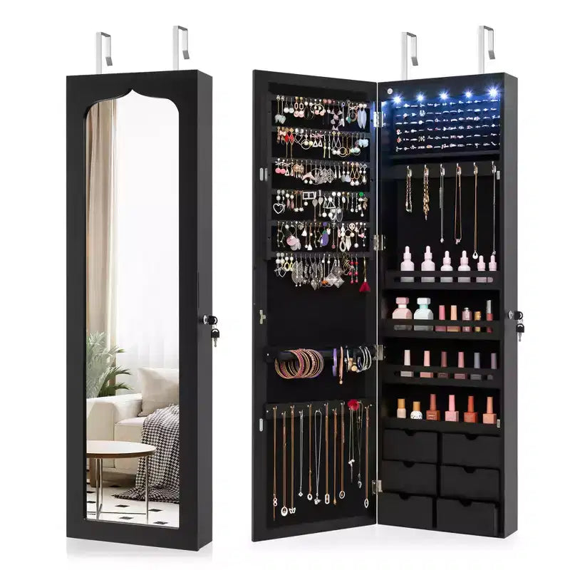 Costway Wall Door Mounted LED Mirror Jewelry Cabinet Lockable Armoire w/6 Drawers Black