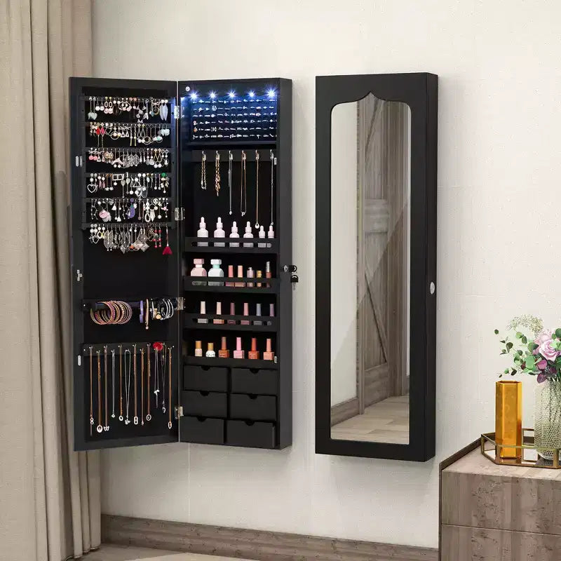 Costway Armoire à bijoux murale ou à suspendre avec miroir LED, 6 tiroirs, verrouillable, Noir