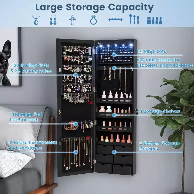 Costway Armoire à bijoux murale ou à suspendre avec miroir LED, 6 tiroirs, verrouillable, Noir