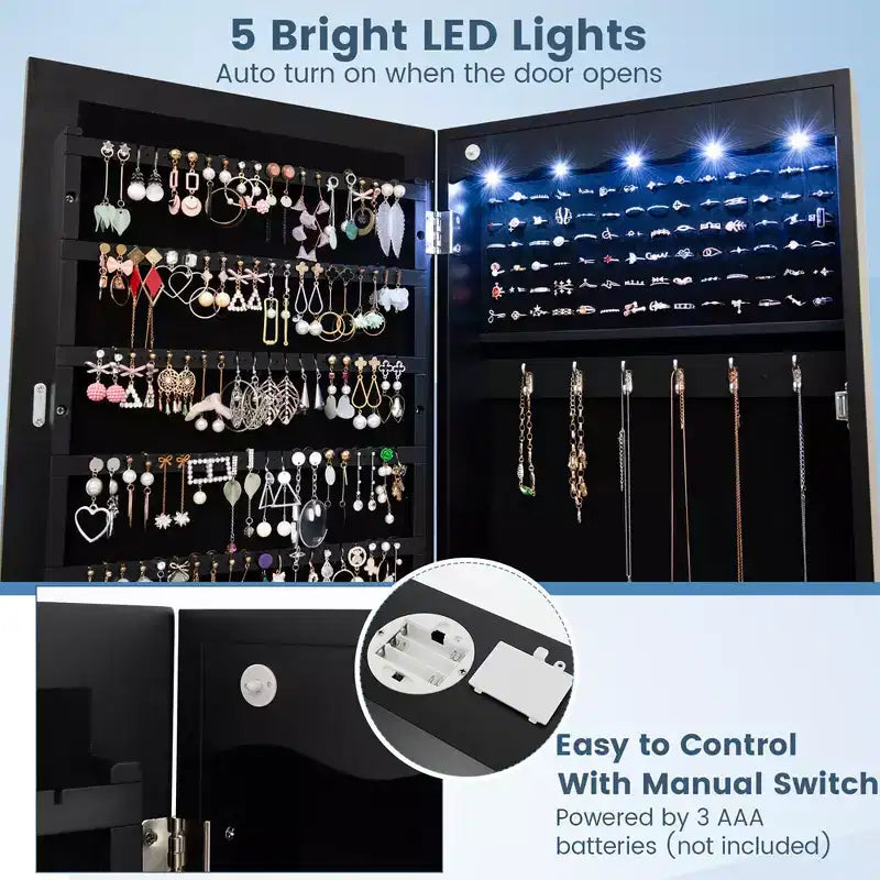 Costway Armoire à bijoux murale ou à suspendre avec miroir LED, 6 tiroirs, verrouillable, Noir