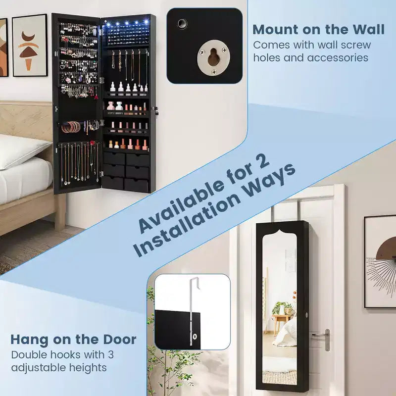 Costway Armoire à bijoux murale ou à suspendre avec miroir LED, 6 tiroirs, verrouillable, Noir