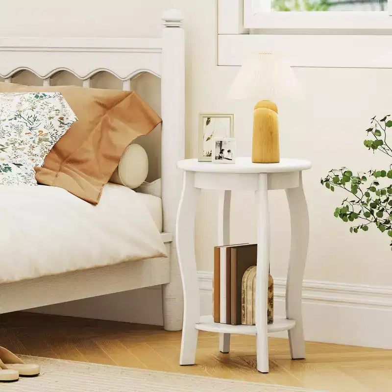 Table d'appoint ronde à 2 niveaux Costway, table de chevet étroite pour canapé avec étagère de rangement et pieds en bois
