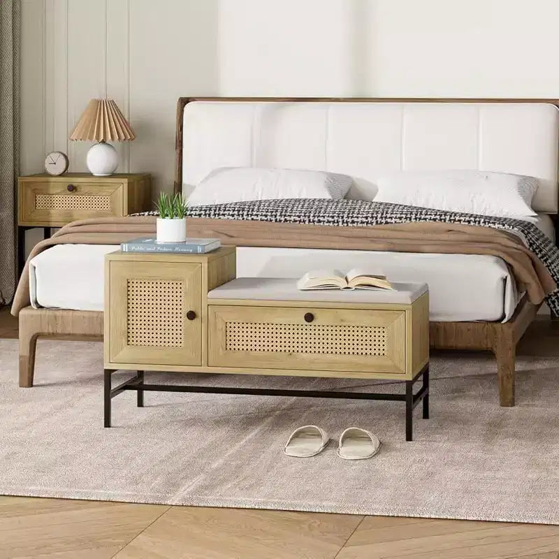 Banc à chaussures en rotin avec rangement, banc d'entrée avec tiroir à abattant, banc de rangement à chaussures pour couloir et chambre à coucher