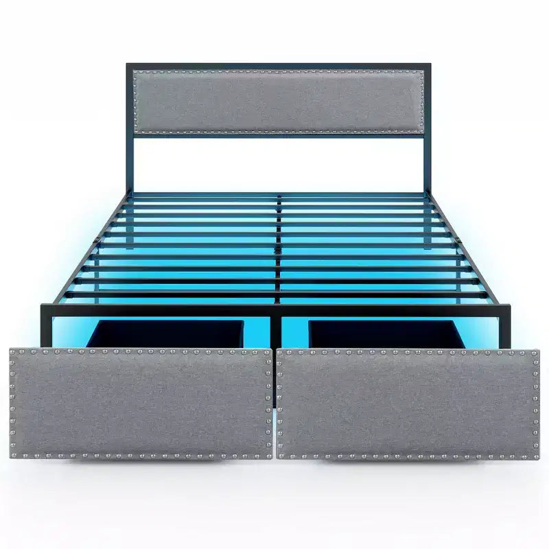 Costway Queen Size Bed Frame w/ 2 Storage Drawers LED Lights Slats Support Modern