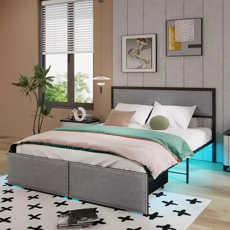Cadre de lit Queen Size Costway avec 2 tiroirs de rangement, lumières LED et lattes, design moderne