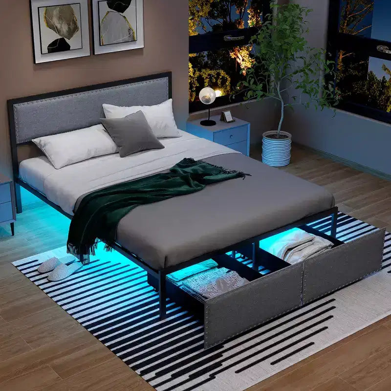 Cadre de lit Queen Size Costway avec 2 tiroirs de rangement, lumières LED et lattes, design moderne