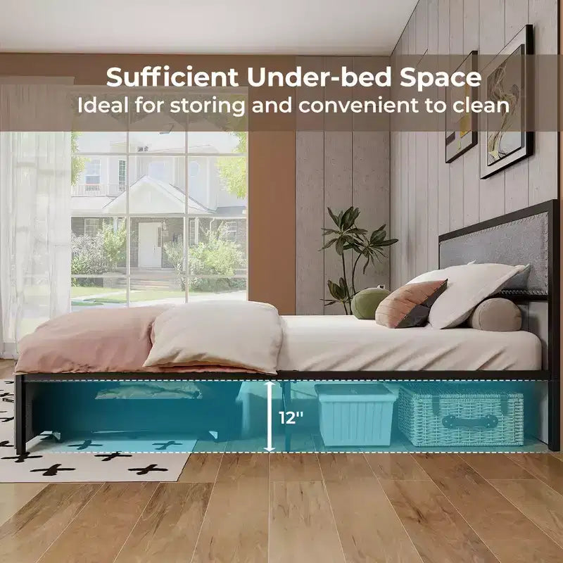 Cadre de lit Queen Size Costway avec 2 tiroirs de rangement, lumières LED et lattes, design moderne