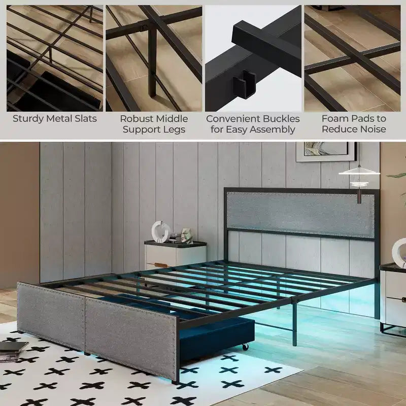 Cadre de lit Queen Size Costway avec 2 tiroirs de rangement, lumières LED et lattes, design moderne