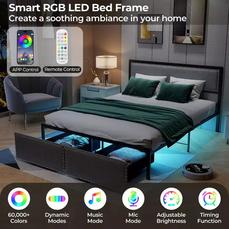 Cadre de lit Queen Size Costway avec 2 tiroirs de rangement, lumières LED et lattes, design moderne