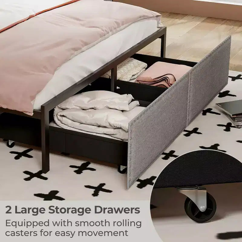 Cadre de lit Queen Size Costway avec 2 tiroirs de rangement, lumières LED et lattes, design moderne