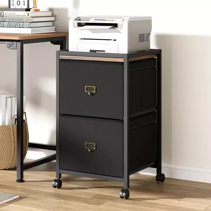 Mobile Filing Cabinet Fits Letter Size or A4, Fabric Vertical File Cabinet on Wheels, Home Office, Small Under Desk Storage Cabinet, Black
