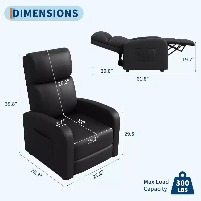 Fauteuil inclinable pour adultes, en cuir PU, inclinable, ergonomique et réglable, canapé simple amélioré avec poche latérale, dossier haut, accoudoirs larges et siège rembourré