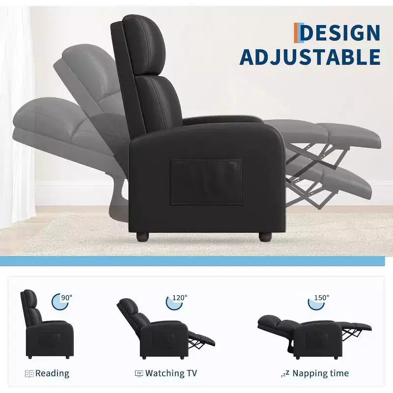 Fauteuil inclinable pour adultes, en cuir PU, inclinable, ergonomique et réglable, canapé simple amélioré avec poche latérale, dossier haut, accoudoirs larges et siège rembourré