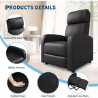 Fauteuil inclinable pour adultes, en cuir PU, inclinable, ergonomique et réglable, canapé simple amélioré avec poche latérale, dossier haut, accoudoirs larges et siège rembourré