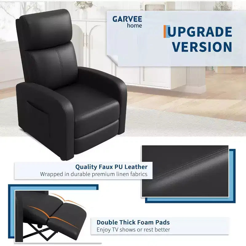 Fauteuil inclinable pour adultes, en cuir PU, inclinable, ergonomique et réglable, canapé simple amélioré avec poche latérale, dossier haut, accoudoirs larges et siège rembourré