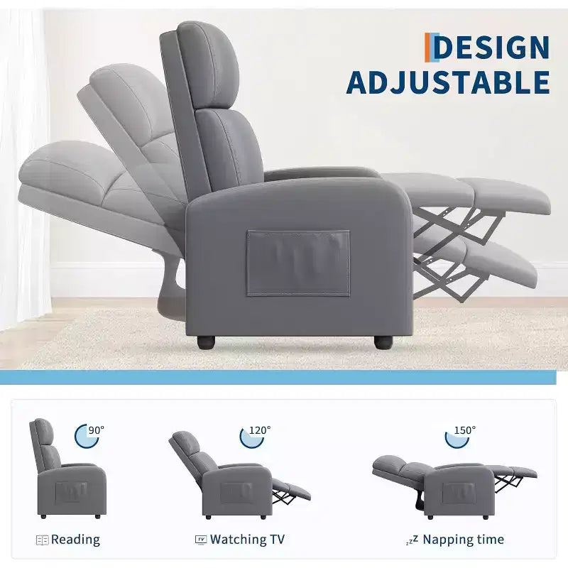 Fauteuil inclinable pour adultes, en cuir PU, inclinable, ergonomique et réglable, canapé simple amélioré avec poche latérale, dossier haut, accoudoirs larges et siège rembourré
