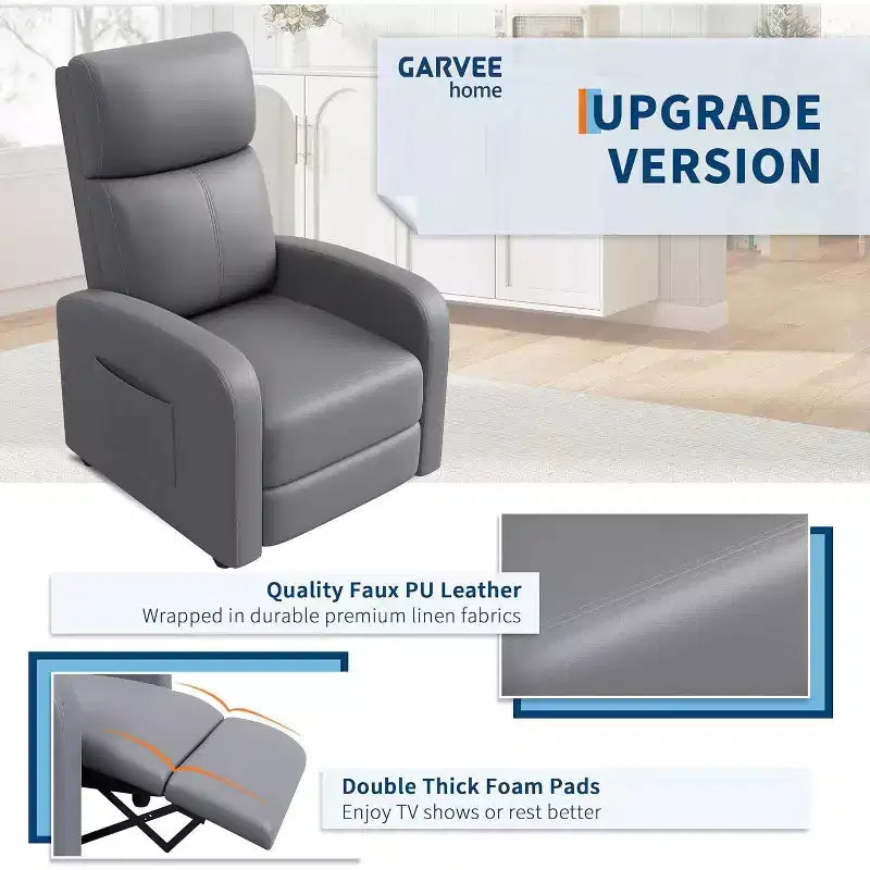 Fauteuil inclinable pour adultes, en cuir PU, inclinable, ergonomique et réglable, canapé simple amélioré avec poche latérale, dossier haut, accoudoirs larges et siège rembourré