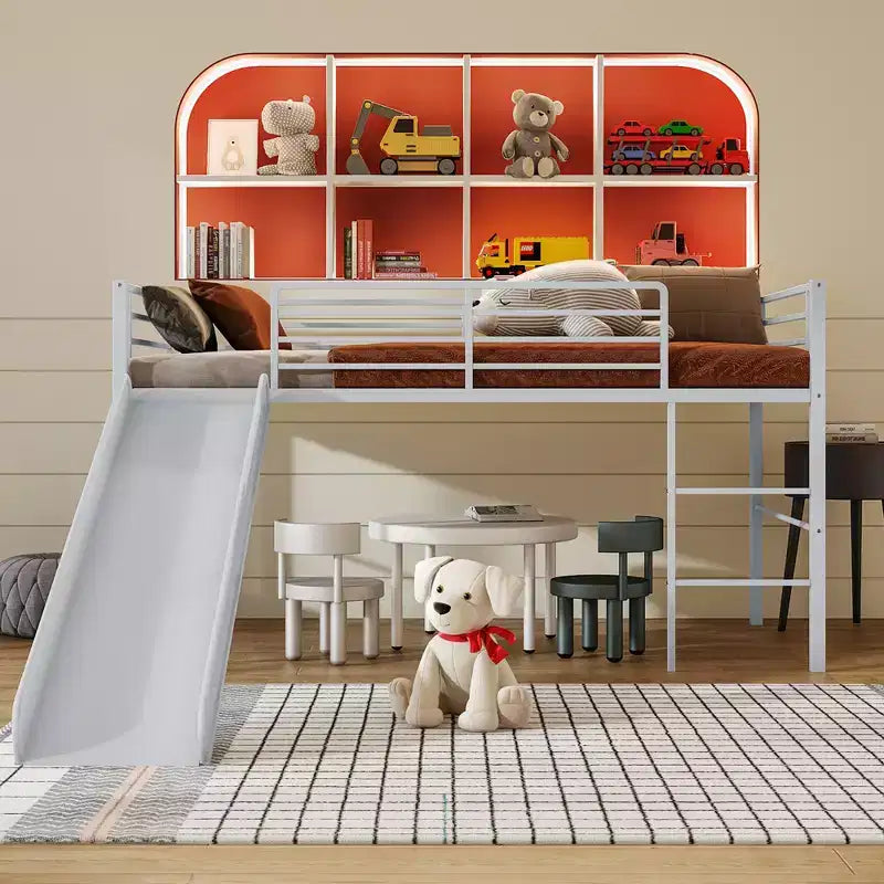 Lit mezzanine double en métal Costway avec toboggan, barrières de sécurité, échelle intégrée et cadre de lit bas