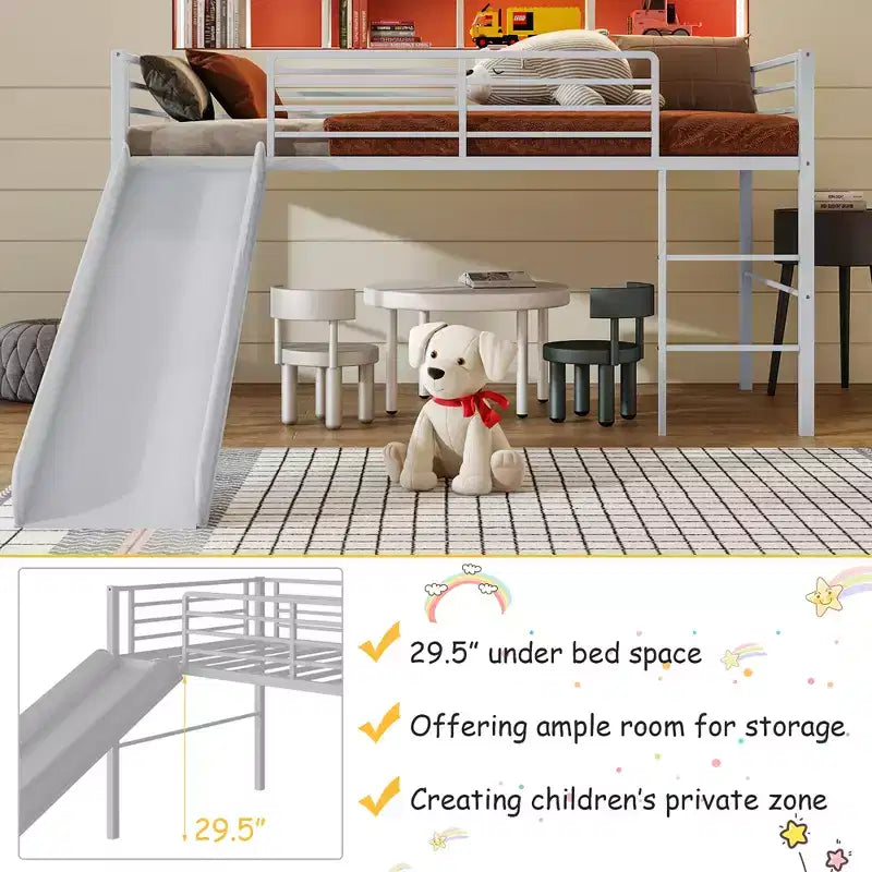 Lit mezzanine double en métal Costway avec toboggan, barrières de sécurité, échelle intégrée et cadre de lit bas