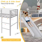 Lit mezzanine double en métal Costway avec toboggan, barrières de sécurité, échelle intégrée et cadre de lit bas