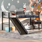 Lit mezzanine double en métal Costway avec toboggan, barrières de sécurité, échelle intégrée et cadre de lit bas