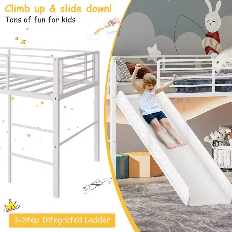 Lit mezzanine double en métal Costway avec toboggan, barrières de sécurité, échelle intégrée et cadre de lit bas