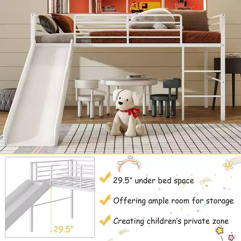 Lit mezzanine double en métal Costway avec toboggan, barrières de sécurité, échelle intégrée et cadre de lit bas