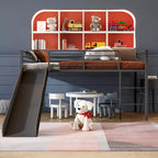 Lit mezzanine double en métal Costway avec toboggan, barrières de sécurité, échelle intégrée et cadre de lit bas