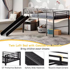 Lit mezzanine double en métal Costway avec toboggan, barrières de sécurité, échelle intégrée et cadre de lit bas