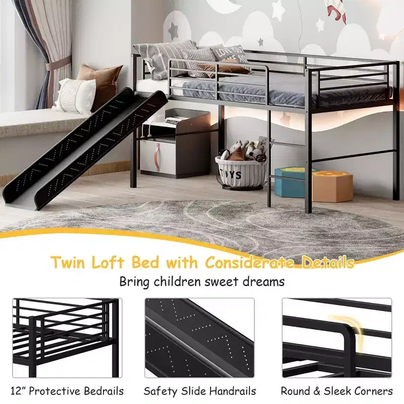 Lit mezzanine double en métal Costway avec toboggan, barrières de sécurité, échelle intégrée et cadre de lit bas
