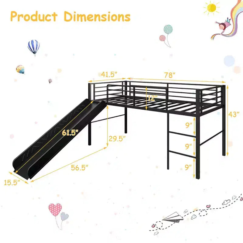 Lit mezzanine double en métal Costway avec toboggan, barrières de sécurité, échelle intégrée et cadre de lit bas