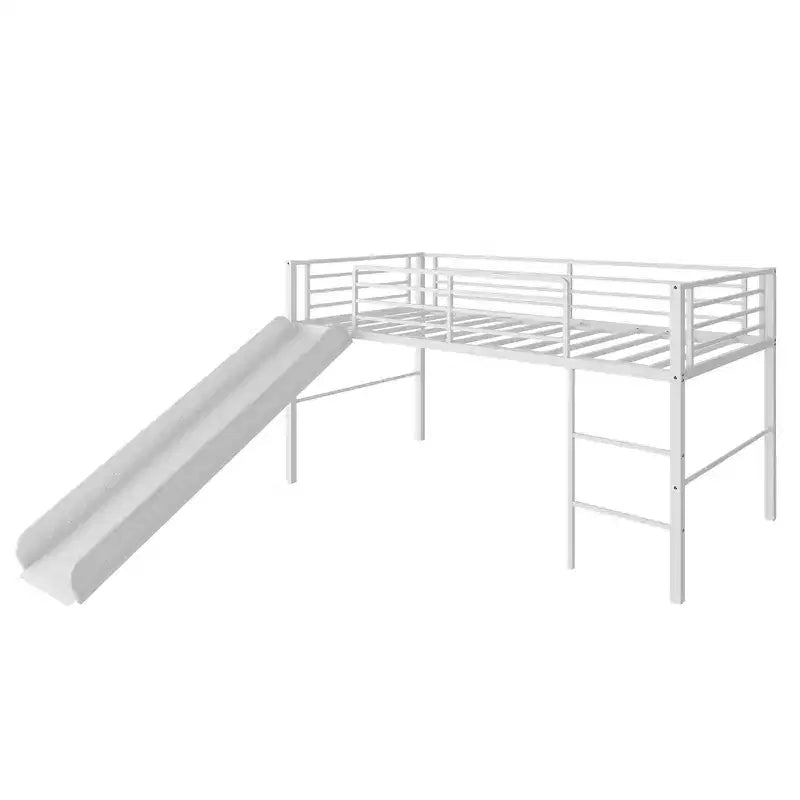 Lit mezzanine double en métal Costway avec toboggan, barrières de sécurité, échelle intégrée et cadre de lit bas