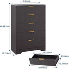 Commode à 5 tiroirs cannelés de 119 cm de hauteur avec poignées dorées, armoire de rangement au fini ton bois pour chambre, placard et entrée, organisateur multi-usage