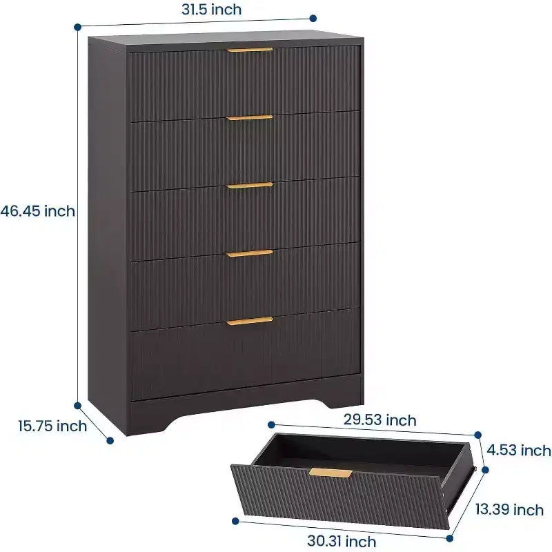 Commode à 5 tiroirs cannelés de 119 cm de hauteur avec poignées dorées, armoire de rangement au fini ton bois pour chambre, placard et entrée, organisateur multi-usage