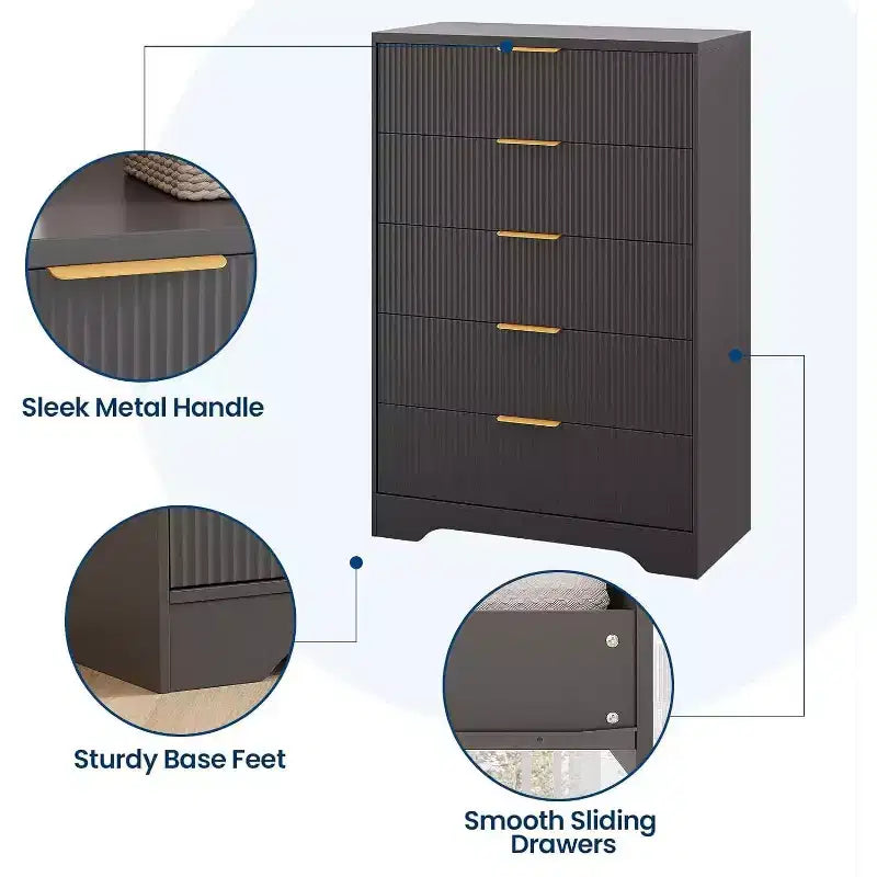 Commode à 5 tiroirs cannelés de 119 cm de hauteur avec poignées dorées, armoire de rangement au fini ton bois pour chambre, placard et entrée, organisateur multi-usage