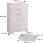 Commode à 5 tiroirs cannelés de 119 cm de hauteur avec poignées dorées, armoire de rangement au fini ton bois pour chambre, placard et entrée, organisateur multi-usage