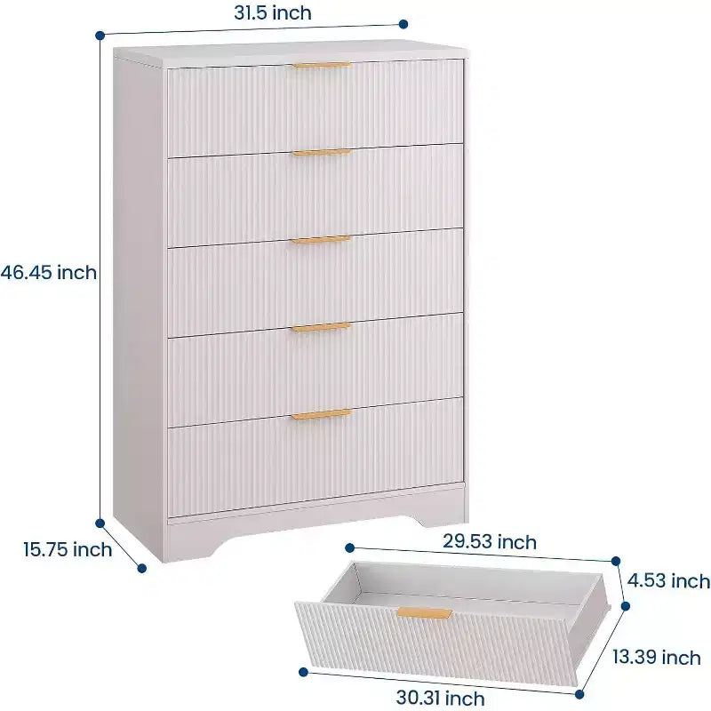 Commode à 5 tiroirs cannelés de 119 cm de hauteur avec poignées dorées, armoire de rangement au fini ton bois pour chambre, placard et entrée, organisateur multi-usage
