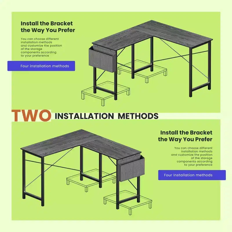 TUYOHW Bureau d'ordinateur en forme de L de 50 pouces avec sac de rangement latéral, bureaux d'angle avec support d'unité centrale et cadre métallique, bureau de jeu pour bureau à domicile, dortoir, salle d'étude