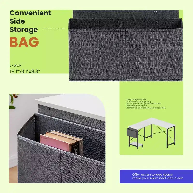 TUYOHW Bureau d'ordinateur en forme de L de 50 pouces avec sac de rangement latéral, bureaux d'angle avec support d'unité centrale et cadre métallique, bureau de jeu pour bureau à domicile, dortoir, salle d'étude