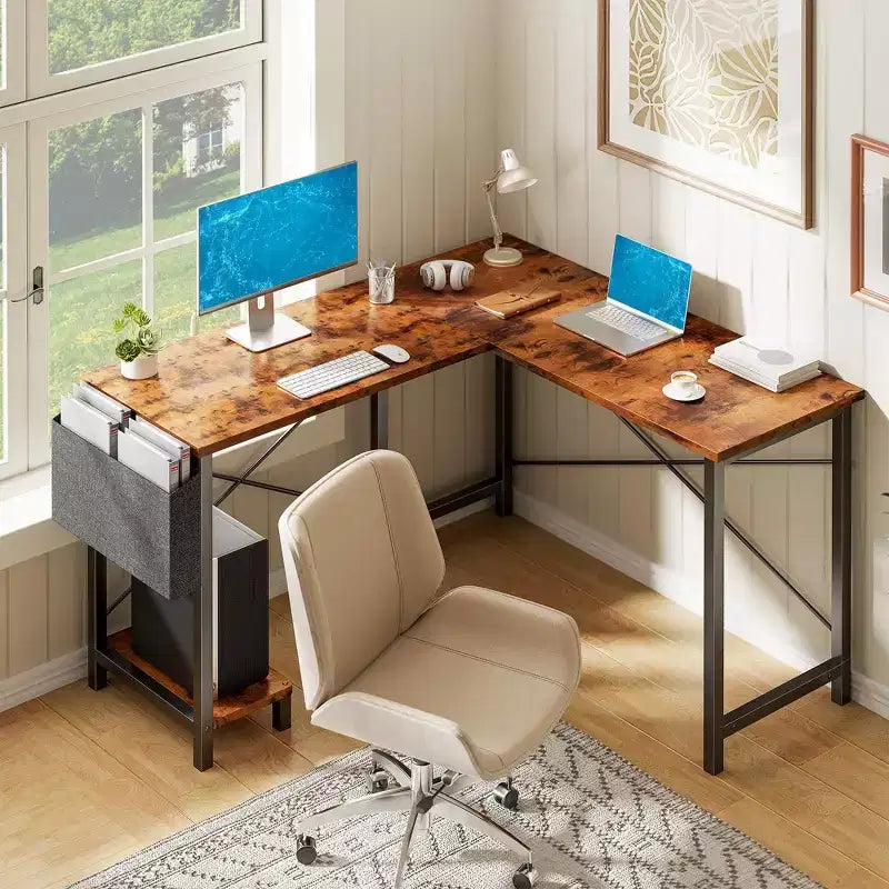 TUYOHW Bureau d'ordinateur en forme de L de 50 pouces avec sac de rangement latéral, bureaux d'angle avec support d'unité centrale et cadre métallique, bureau de jeu pour bureau à domicile, dortoir, salle d'étude